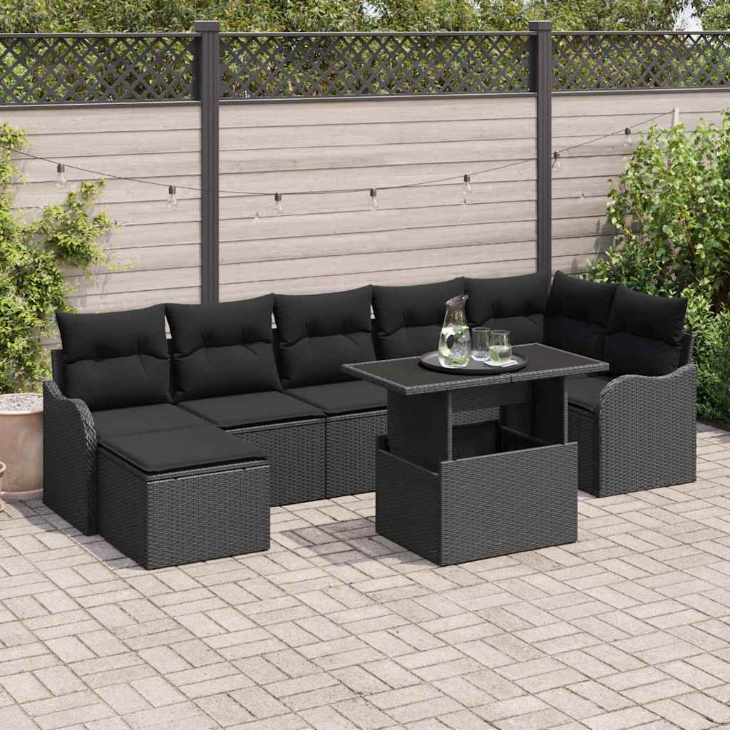 vidaXL Tuinbank Set met kussen met opslag 8 pcs Zwart Poly rattan