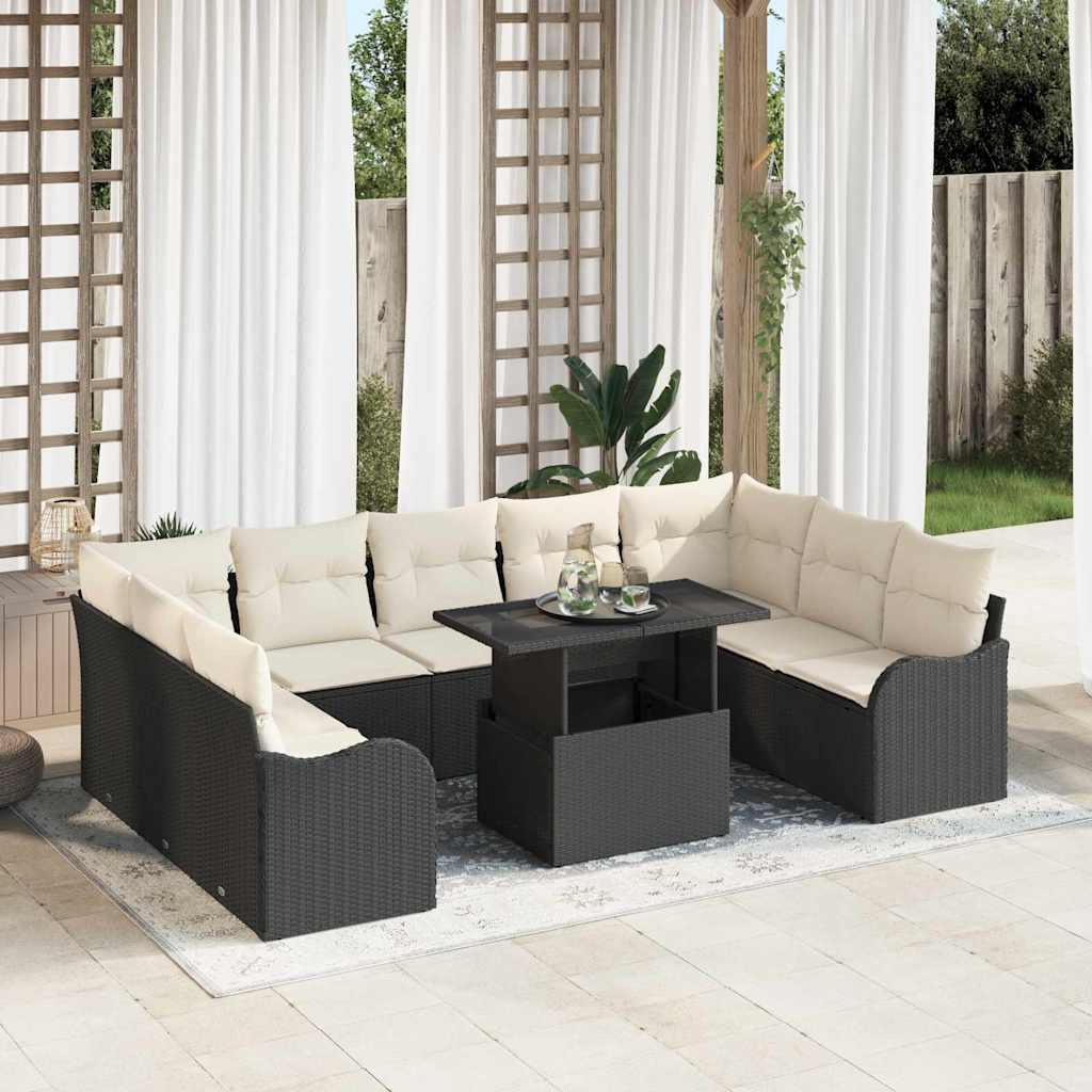 vidaXL Tuinbank Set met kussen met kussen 10 pcs Zwart Poly Riet