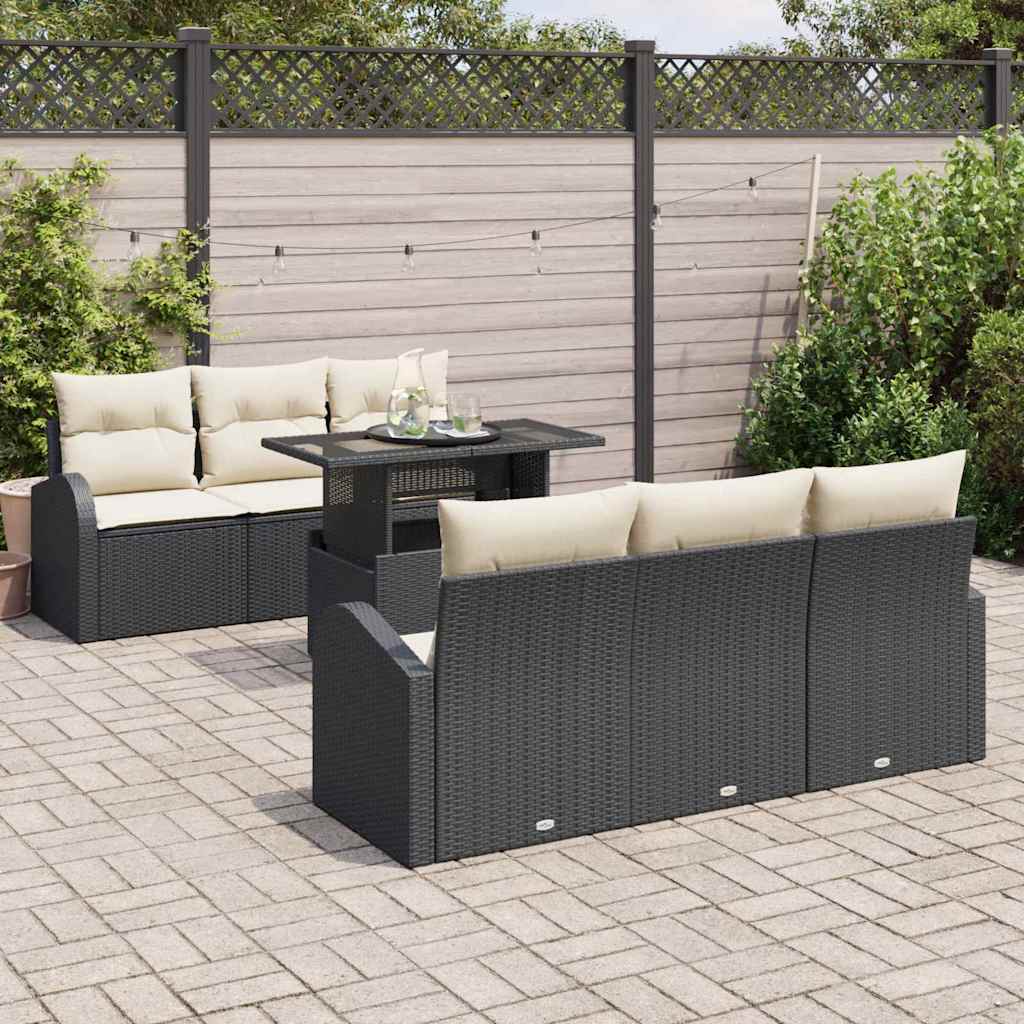 vidaXL Tuinbank Set met kussen met opslag 7 pcs Zwart Poly Riet