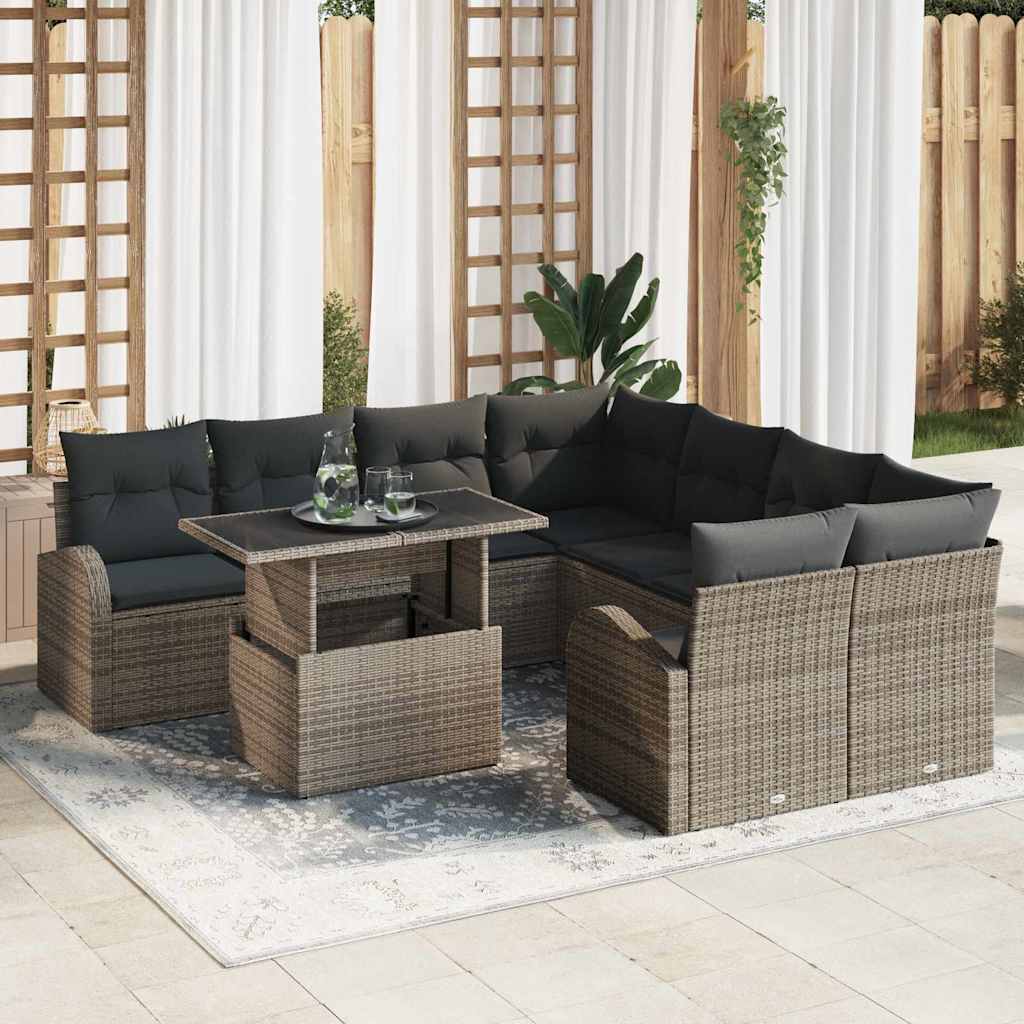 vidaXL Tuinbank Set met kussen met opslag 9 pcs Zwart Poly Riet