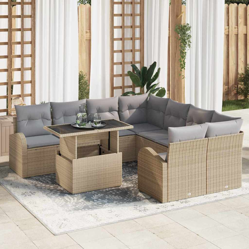 vidaXL Tuinbank Set met kussen met opslag 9 pcs Zwart Poly Riet
