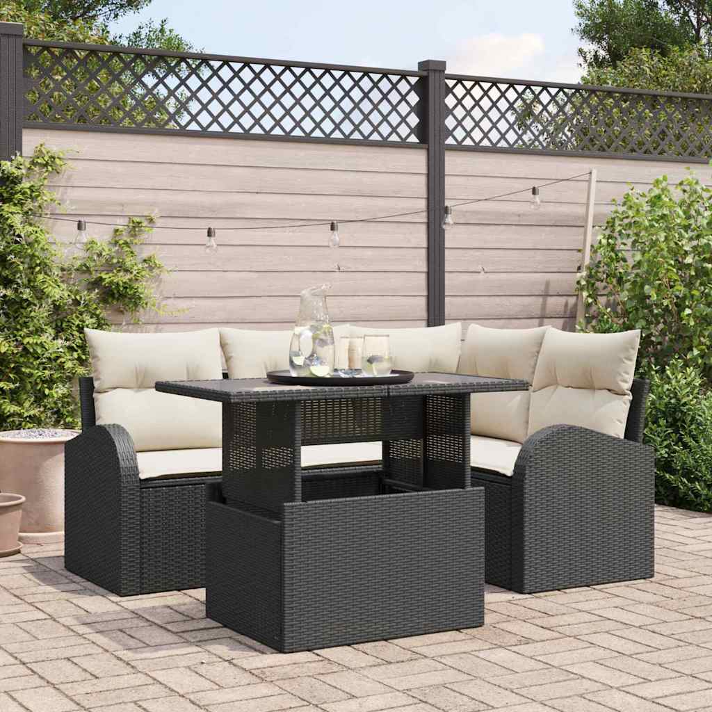 vidaXL Tuinbank Set met kussen met opslag 5 pcs Zwart Poly rattan