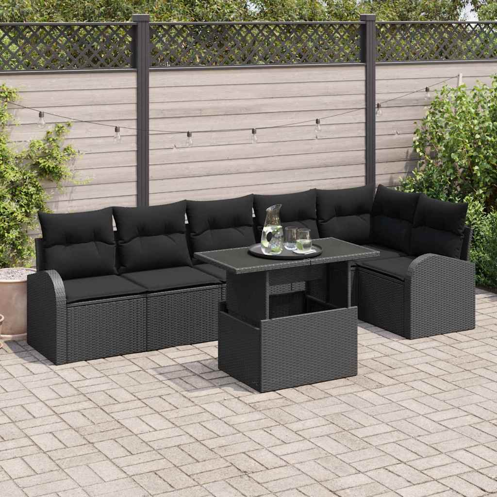 vidaXL Tuinbank Set met kussen met opslag 7 pcs Zwart Poly rattan