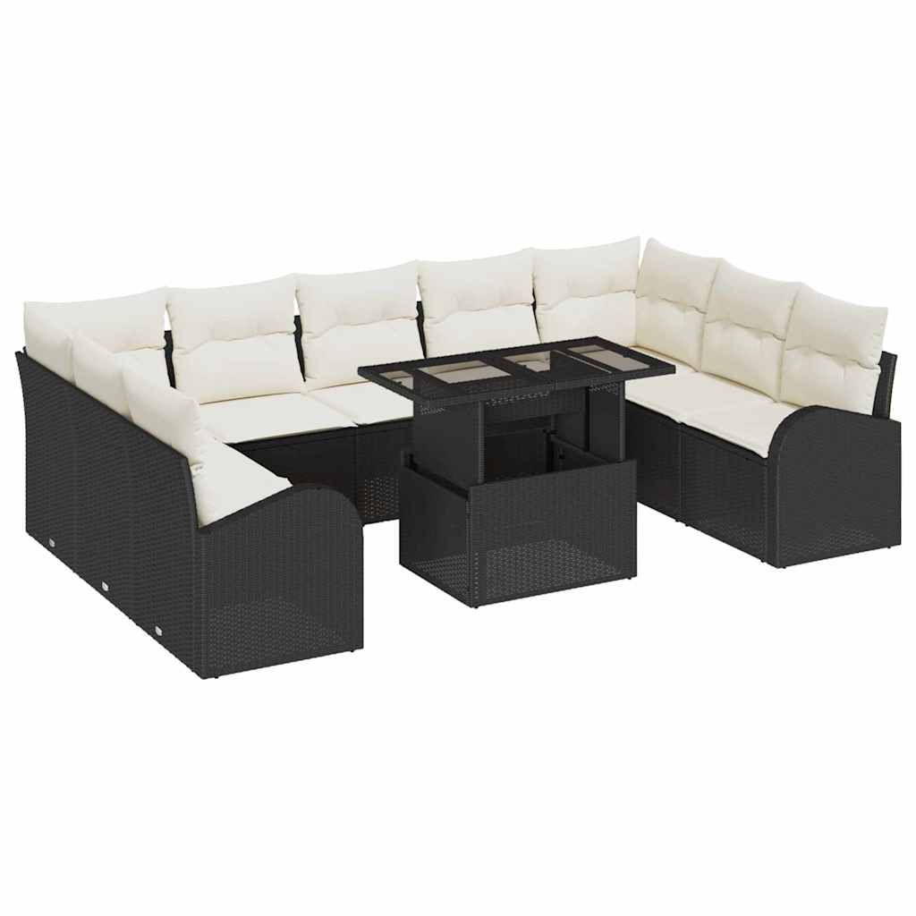 vidaXL Tuinbank Set met kussen met opslag 10 pcs Zwart Poly rattan