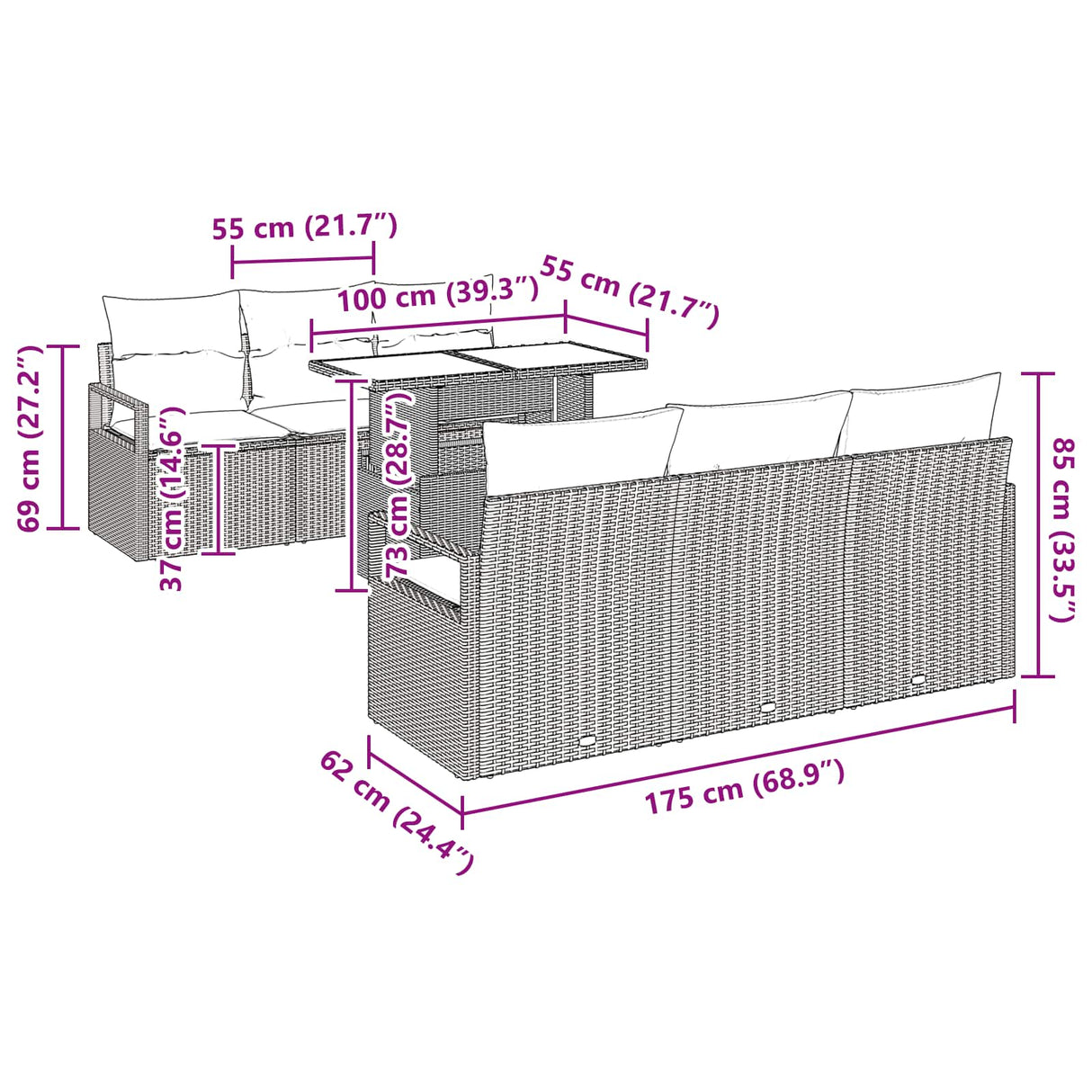vidaXL Tuinbank Set met kussen met opslag 7 pcs Bruin Poly rattan