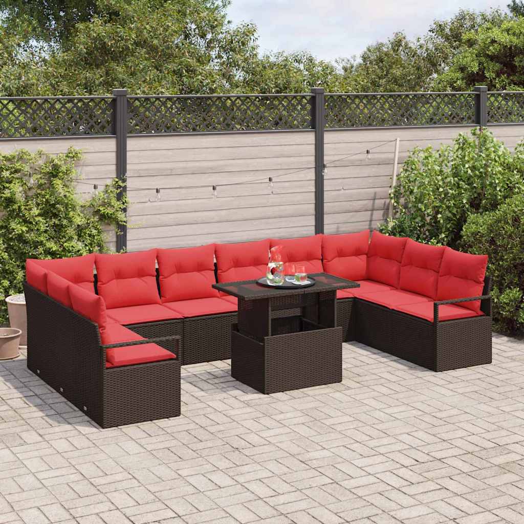 vidaXL Garden Lounge Set with Cushion and Storage 11 pcs Brown Poly Rattan
