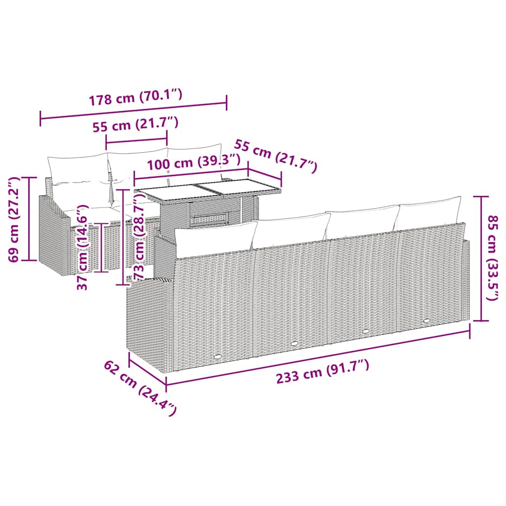 vidaXL Tuinbank Set met kussen met opslag 8 pcs Zwart poly rattan
