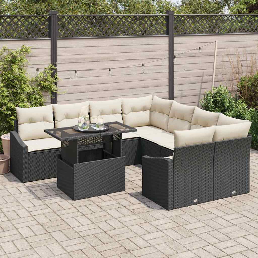 vidaXL Tuinbank Set met kussen met opslag 9 pcs Zwart poly rattan
