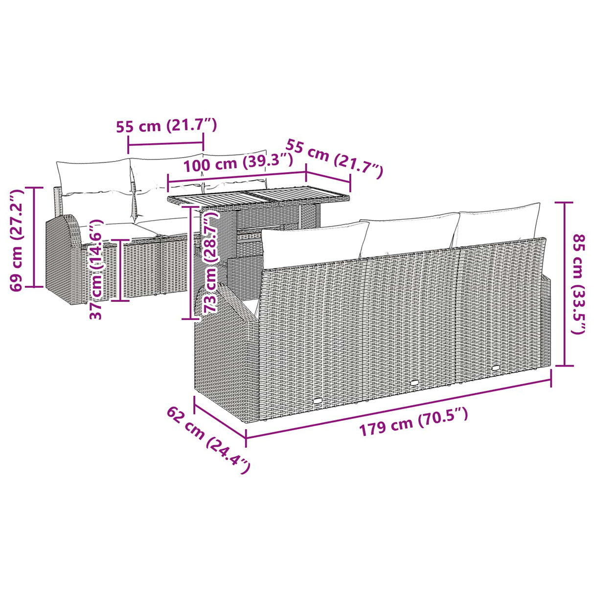 vidaXL Tuinbank Set met opslag 7 pcs Zwart Poly rattan