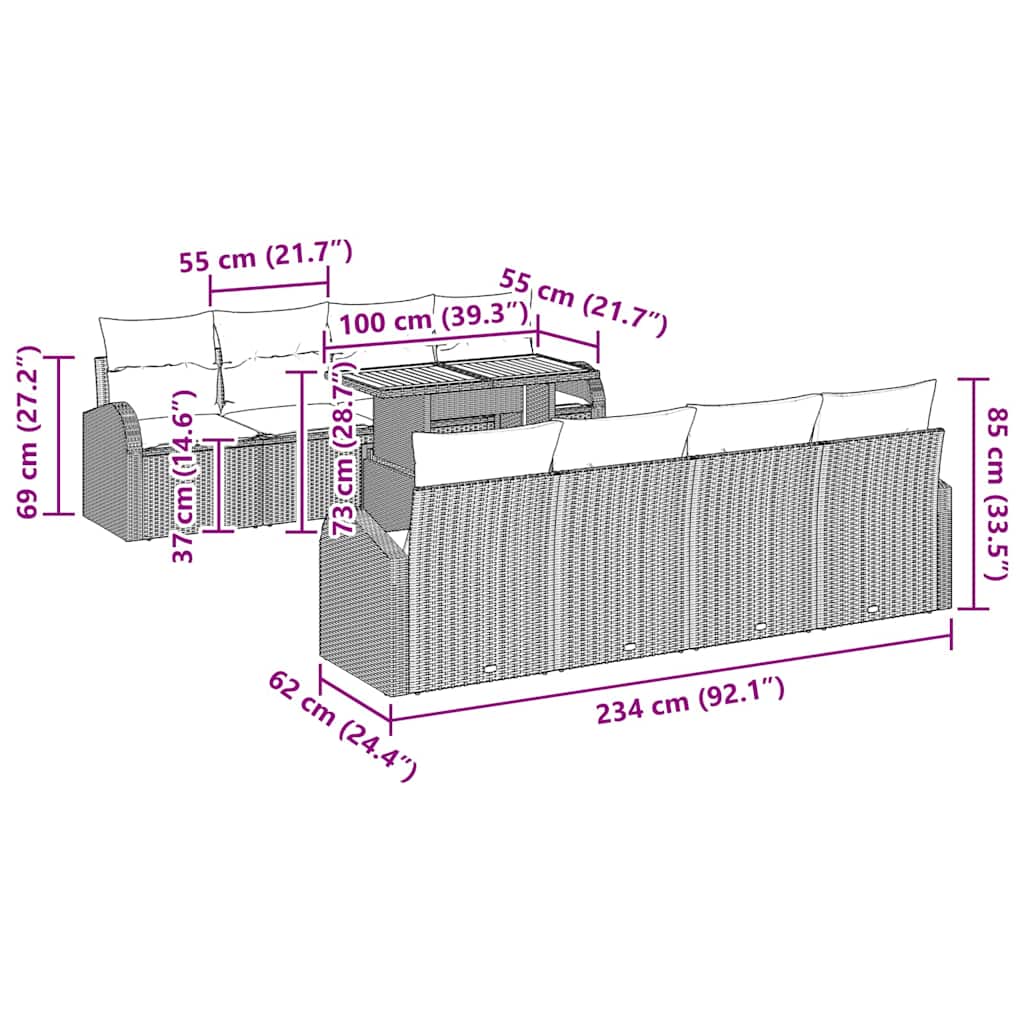 vidaXL Tuinbank Set met opslag 9 pcs Zwart Poly rattan