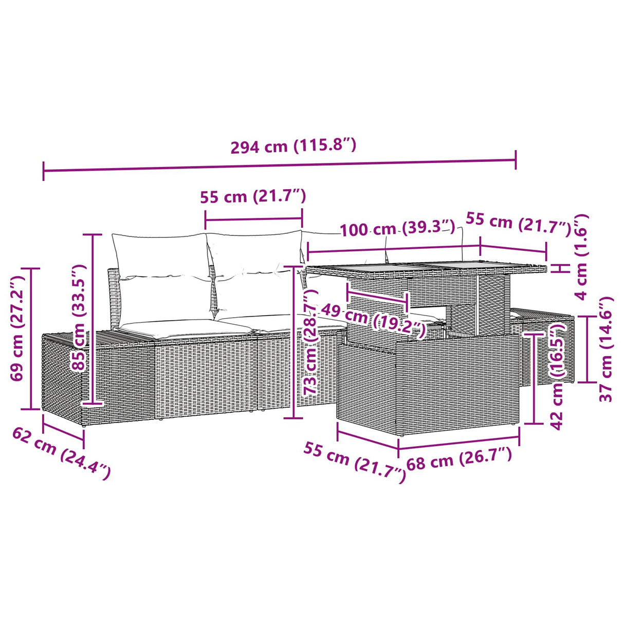 vidaXL Garden Bench Set 5 Pieces Black Poly Rattan