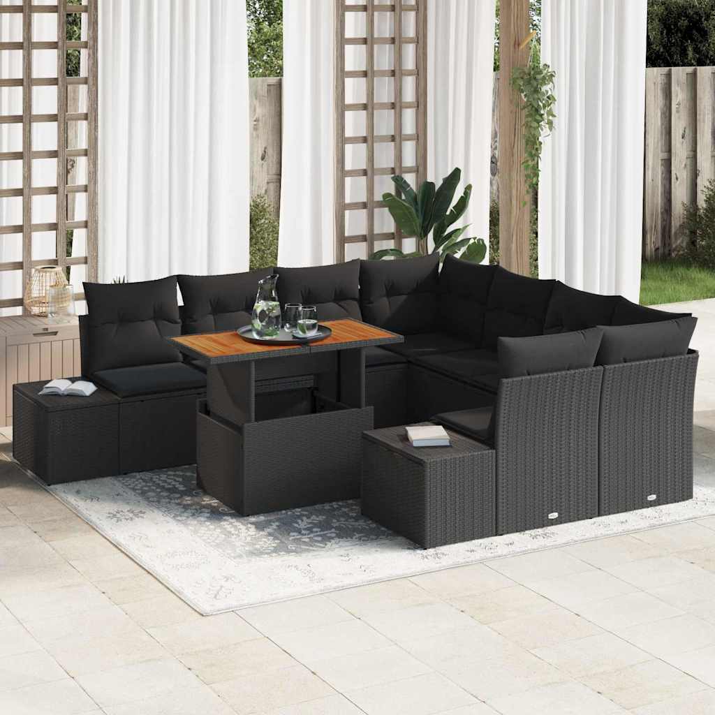 vidaXL Tuinbank Set met opslag 9 pcs Zwart Poly rattan