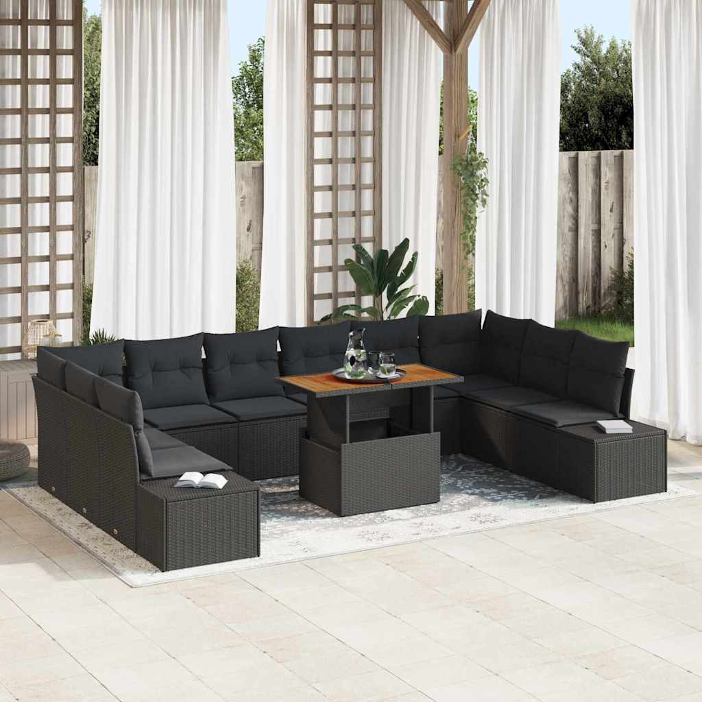 vidaXL Garden Sofa Set with Storage 11 pcs Black Poly Rattan