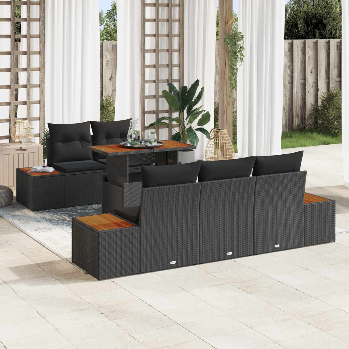 vidaXL Tuinbank Set met opslag 6 pcs Zwart Poly rattan