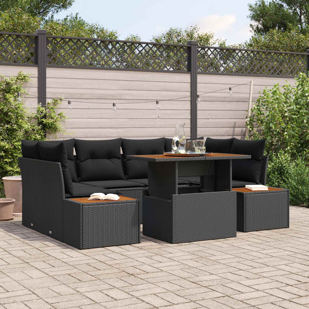 vidaXL Tuinbank Set met opslag 7 pcs Zwart Poly rattan