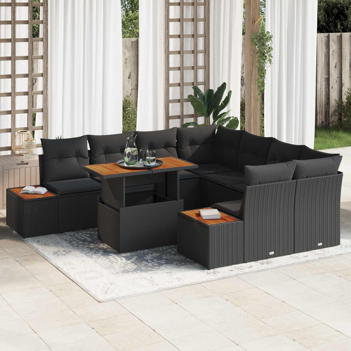 vidaXL Tuinbank Set met opslag 9 pcs Zwart Poly rattan