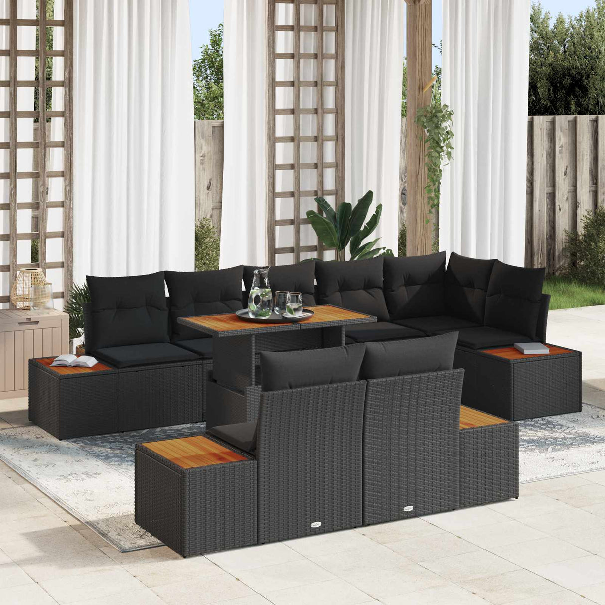 vidaXL Tuinbank Set met opslag 9 pcs Zwart Poly rattan