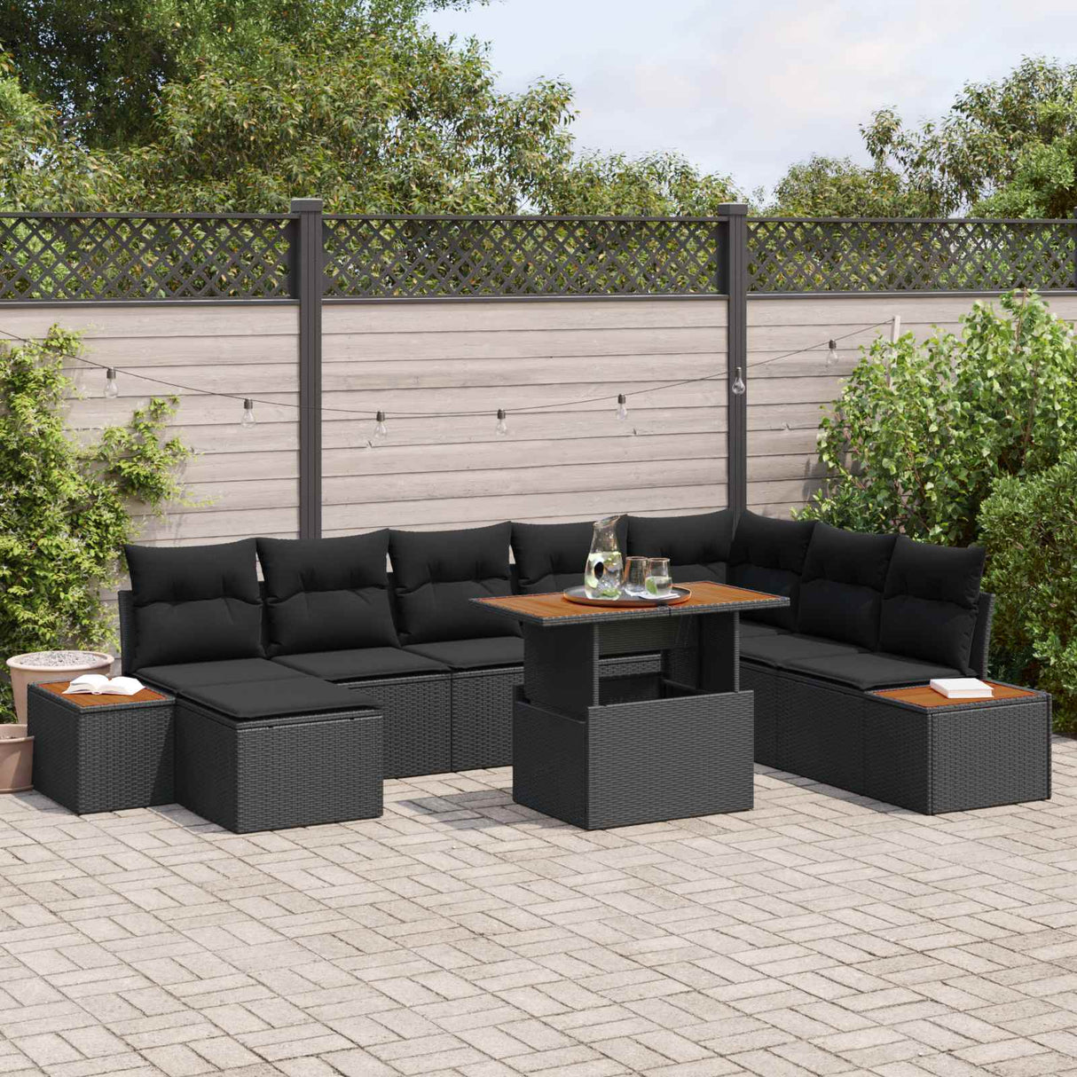 vidaXL Tuinbank Set met opslag 9 pcs Zwart Poly rattan