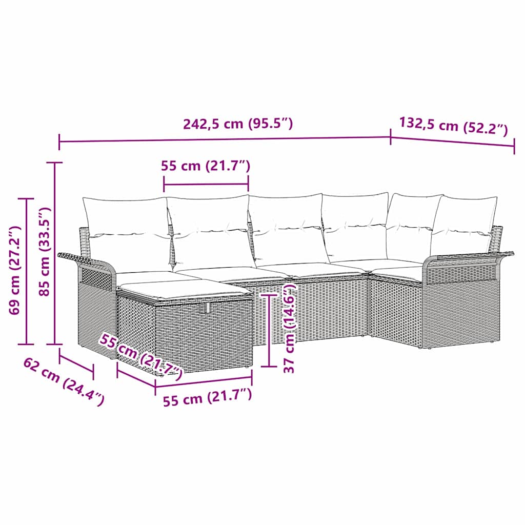 vidaXL Tuinbank Set met kussen 6 pcs Zwart en Crème poly rattan