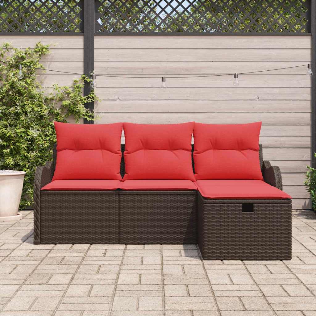 vidaXL Garden Sofa Set with Cushions 4 pcs Brown and Red Poly Rattan