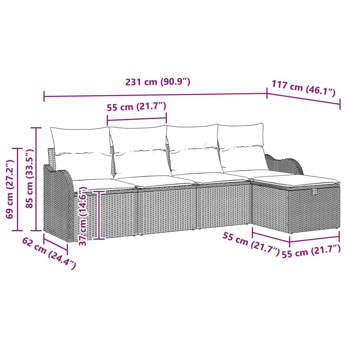 vidaXL Tuinbank Set met kussen 5 pcs Bruin en Rood poly rattan