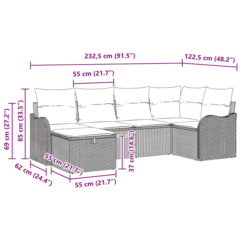 vidaXL Tuinbank Set met kussen 6 pcs Zwart en crème Poly rattan