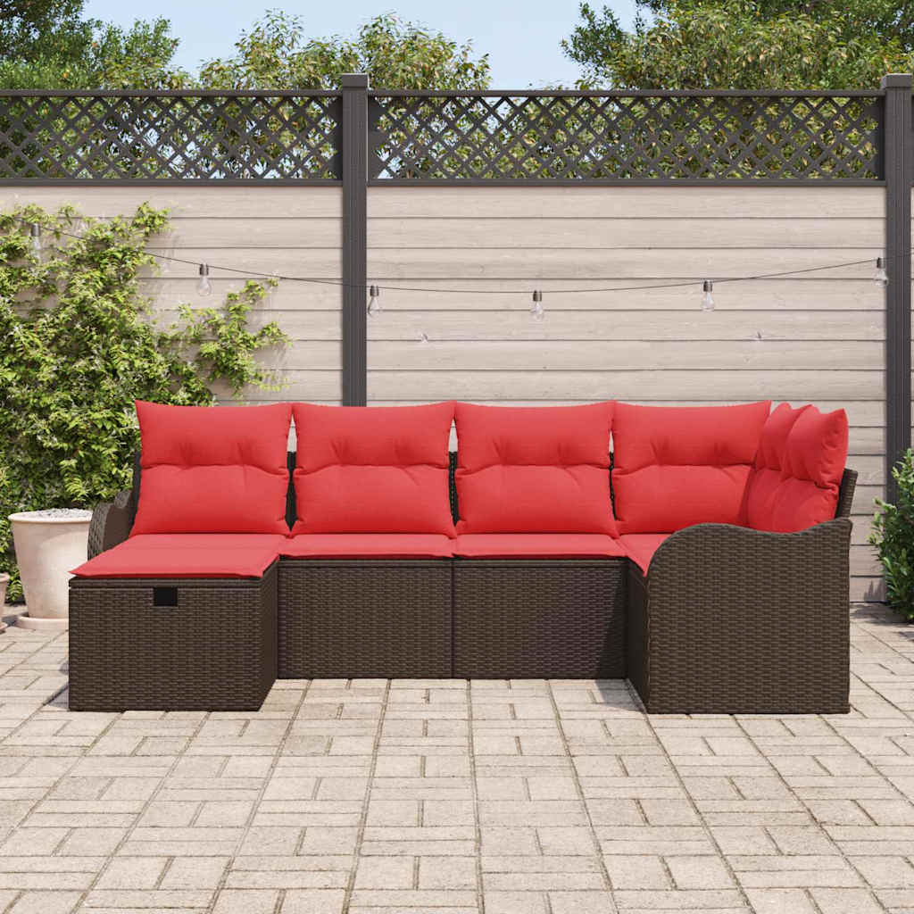 vidaXL Garden Sofa Set with Cushions 6 pcs Brown and Red poly rattan
