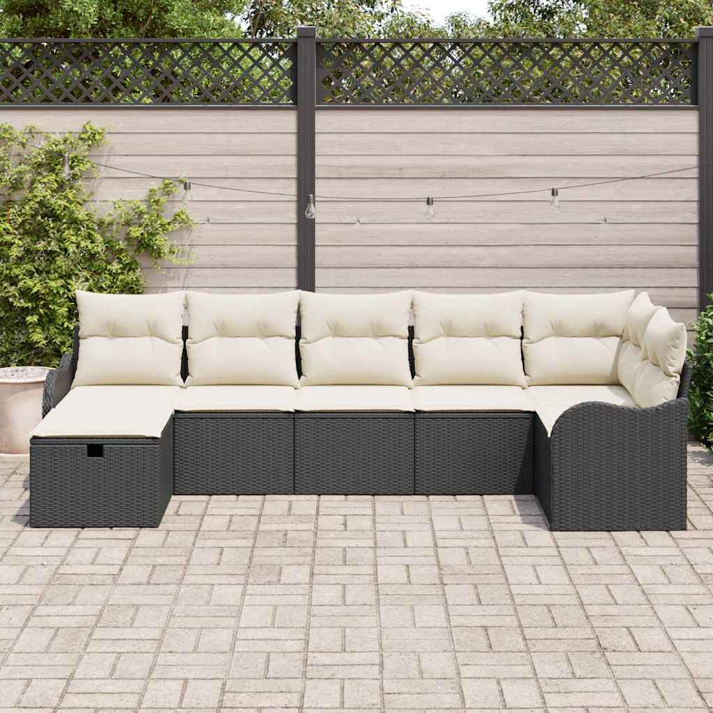 vidaXL Bankstel met kussen met opslag Zwart en Crème poly rattan