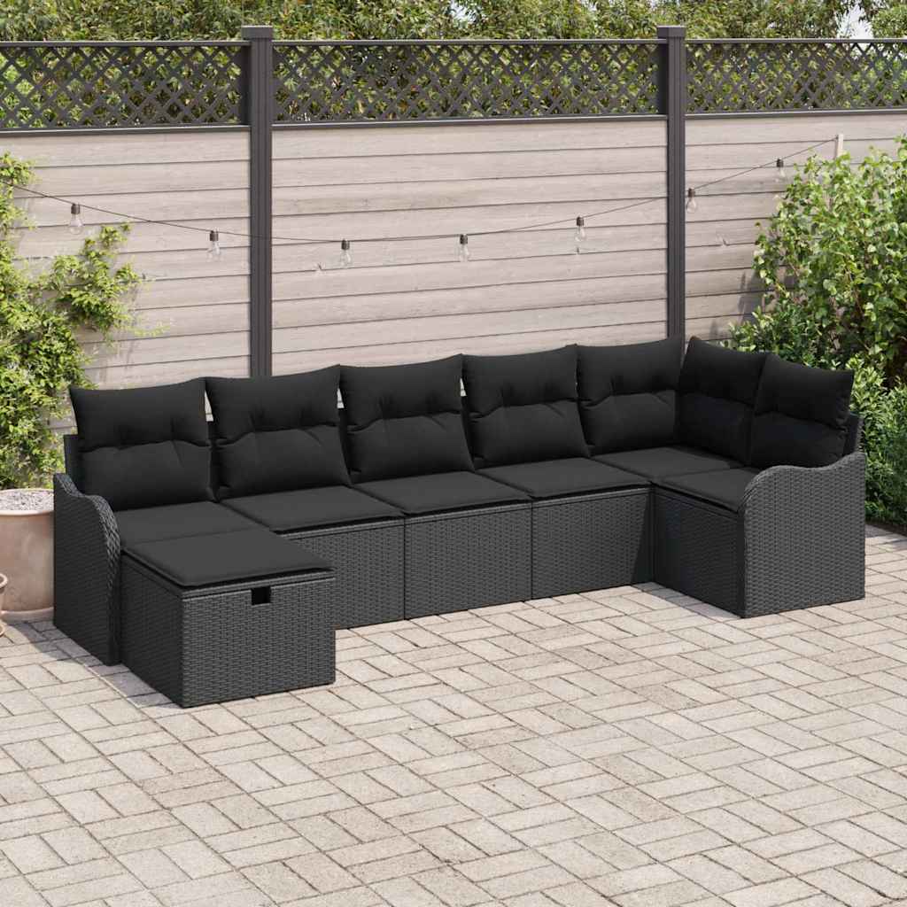 vidaXL Bankstel met kussen met opslag Zwart en Crème poly rattan