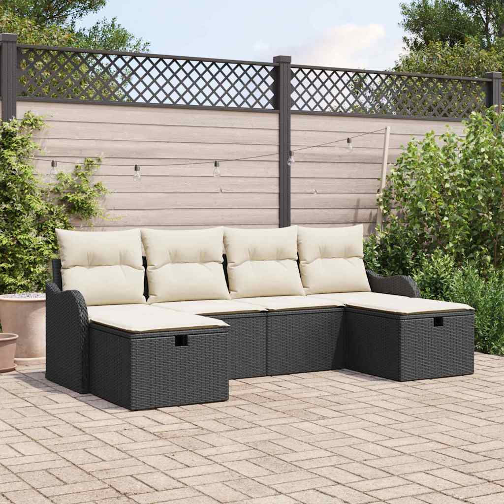 vidaXL Bankstel met kussen met opslag 6 pcs Zwart en Crème poly rattan