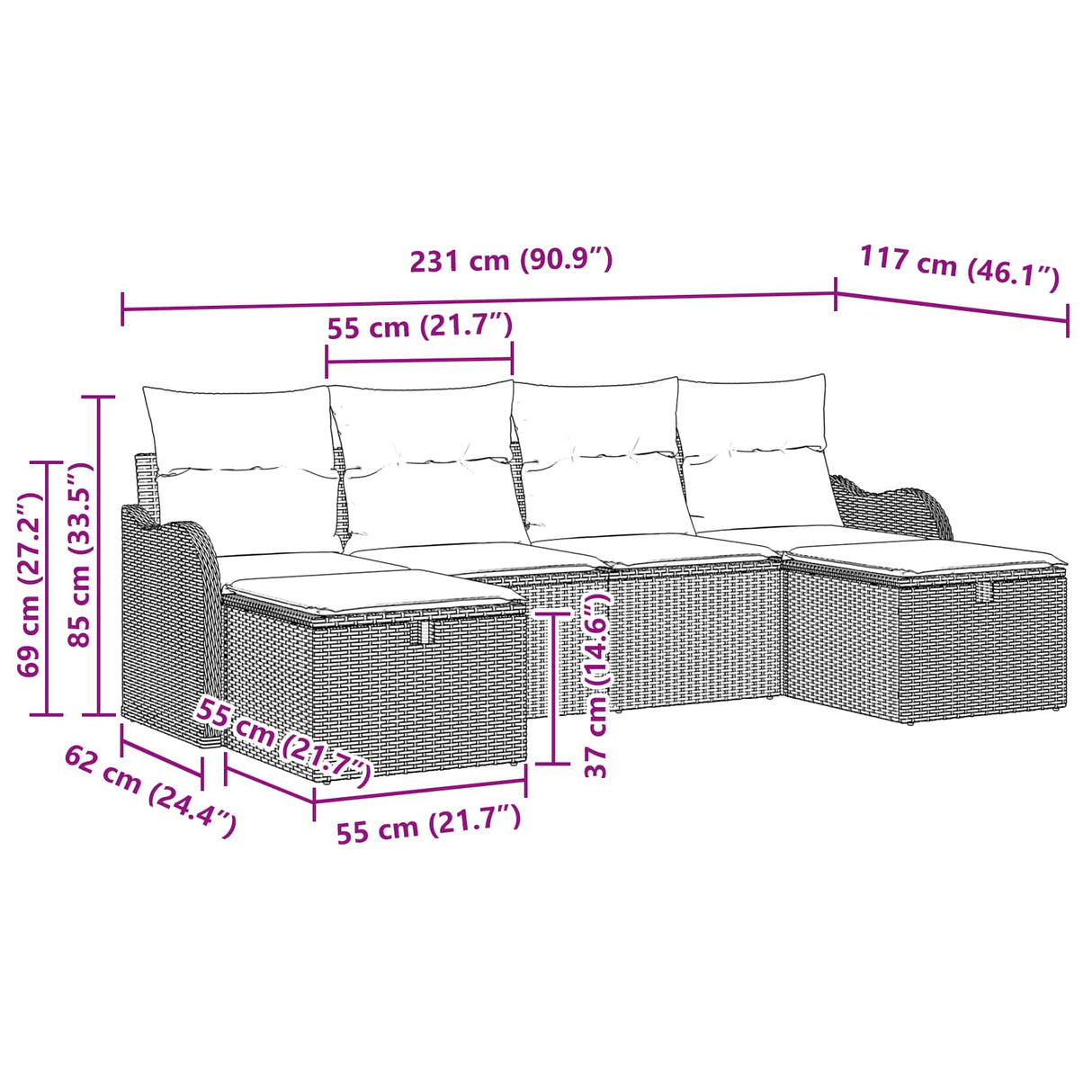 vidaXL Bankstel met kussen met opslag 6 pcs Bruin en Rood poly rattan