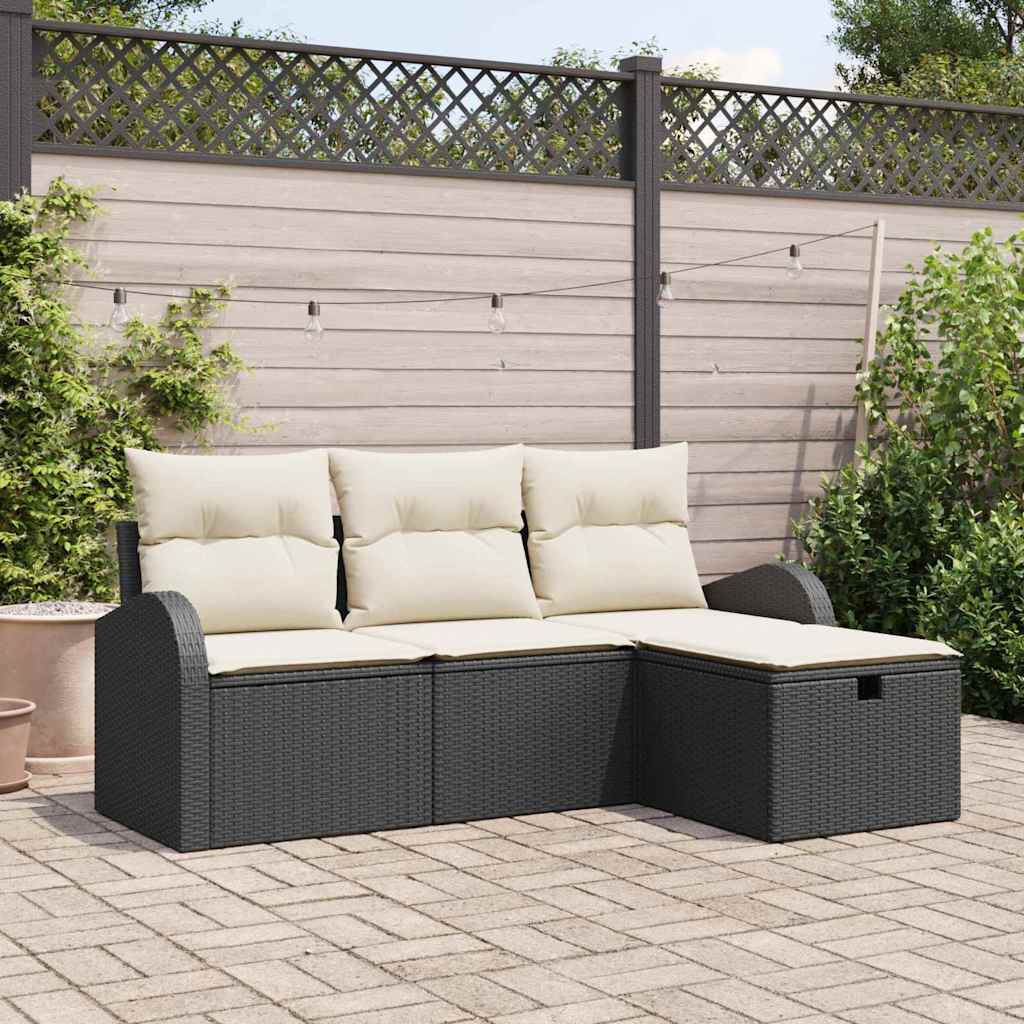 vidaXL Bankstel met kussen met opslag 4 pcs Zwart en Crème poly rattan