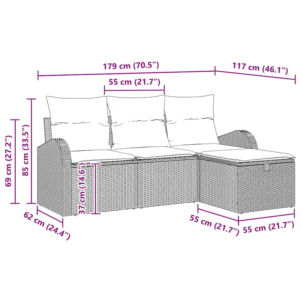 vidaXL Bankstel met kussen met opslag 4 pcs Zwart en Crème poly rattan