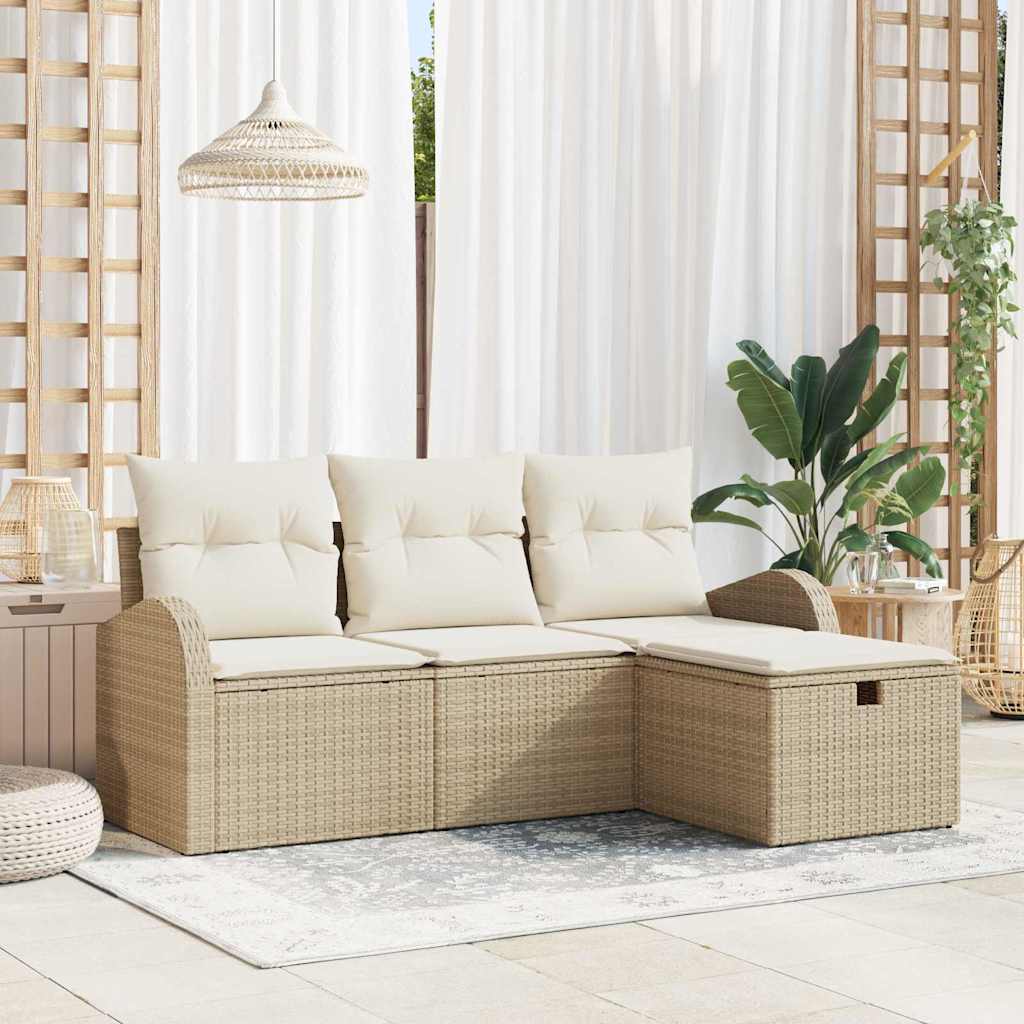 vidaXL Bankstel met kussen met opslag 4 pcs Zwart en Crème poly rattan