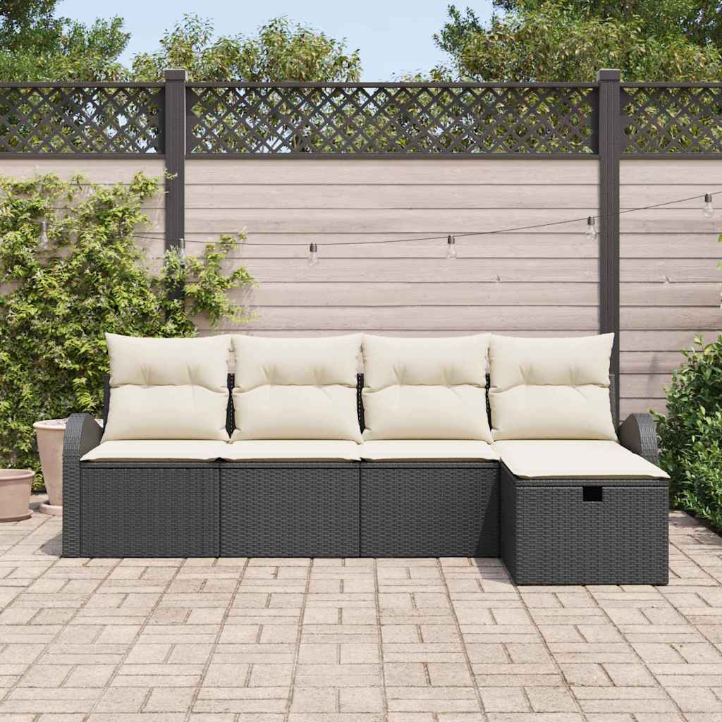 vidaXL Bankstel met kussen met opslag 5 pcs Zwart en Crème poly rattan