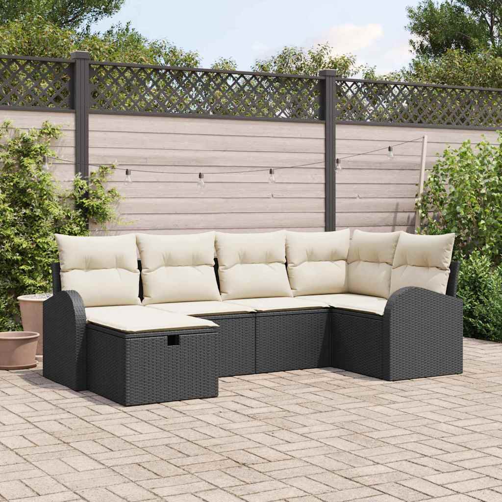 vidaXL Bankstel met kussen met opslag Zwart en Crème poly rattan