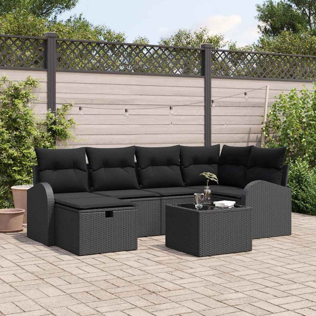 vidaXL Bankstel met kussen met opslag Zwart en Crème poly rattan