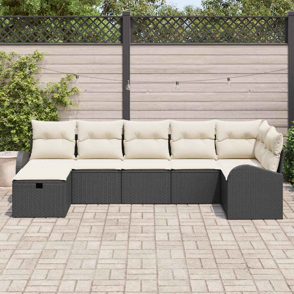 vidaXL Bankstel met kussen met opslag 7 pcs Zwart en Crème poly rattan
