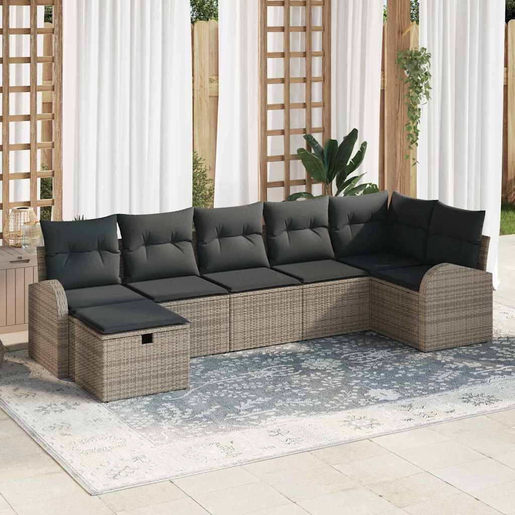 vidaXL Bankstel met kussen met opslag 7 pcs Zwart en Crème poly rattan