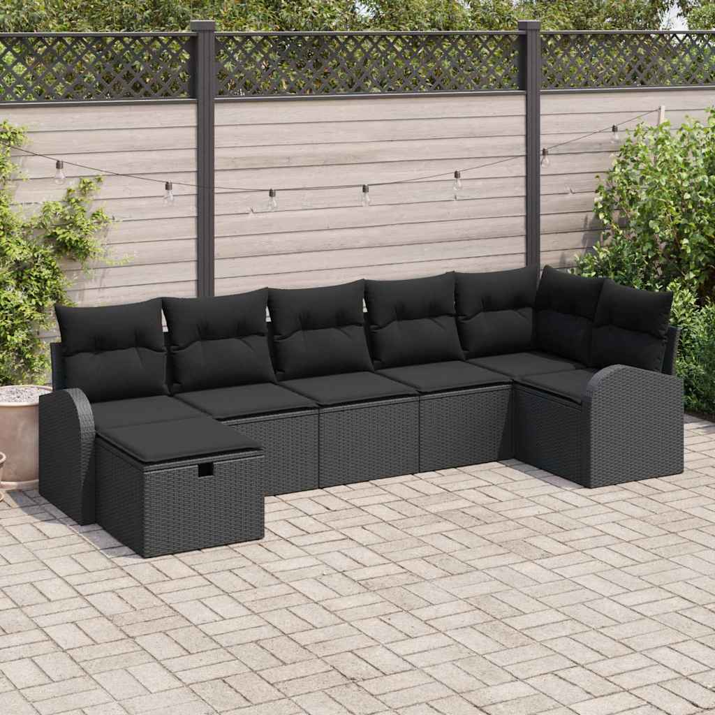 vidaXL Bankstel met kussen met opslag 7 pcs Zwart en Crème poly rattan