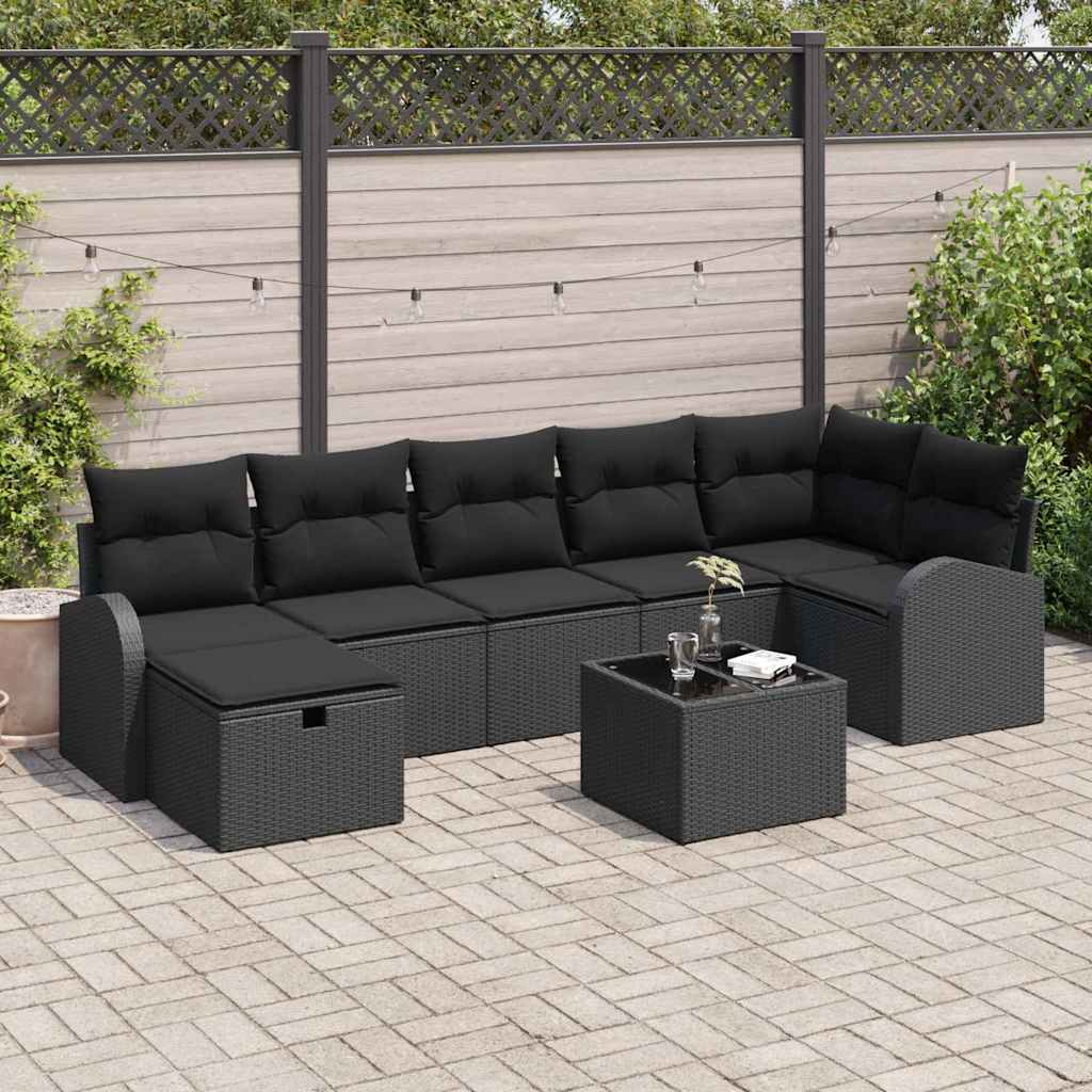 vidaXL Bankstel met kussen met opslag 7 pcs Zwart en Crème poly rattan