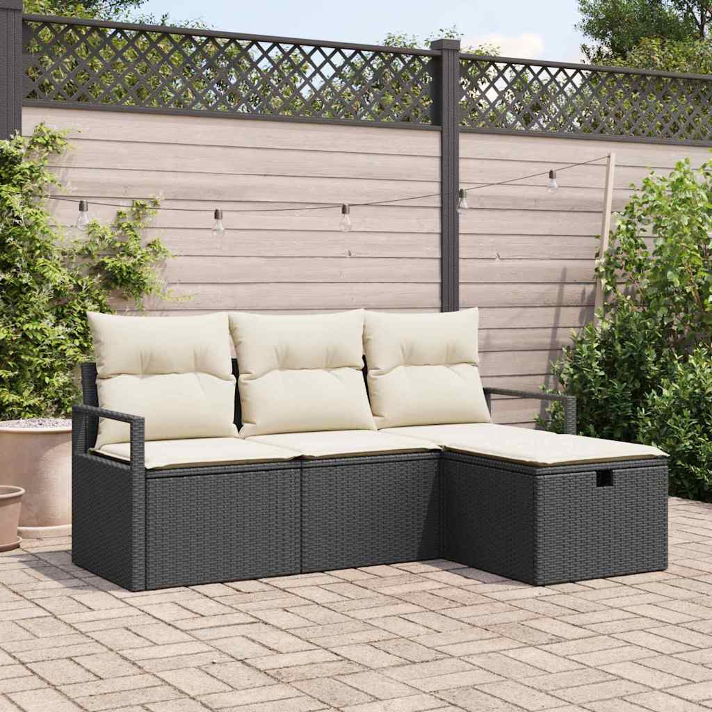 vidaXL Bankstel met kussen met opslag 4 pcs Zwart en Crème poly rattan