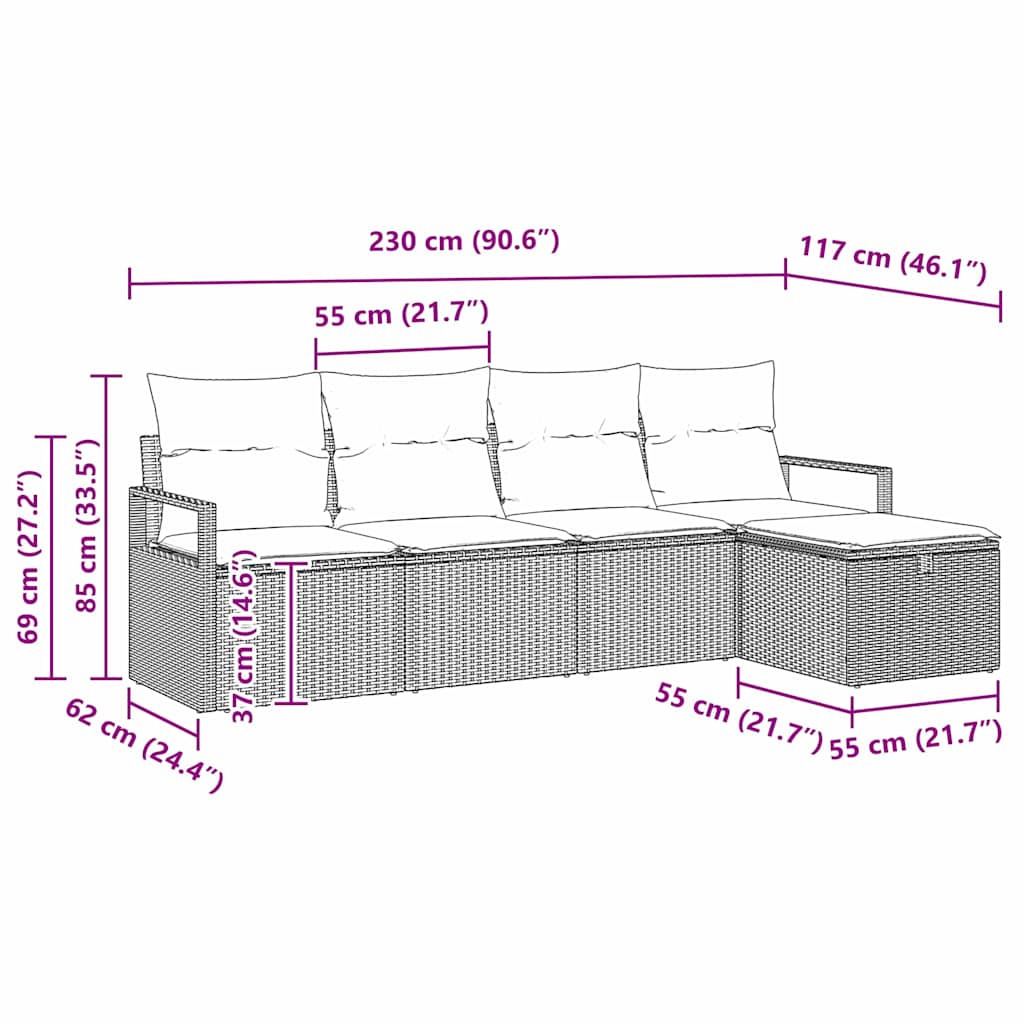 vidaXL Bankstel met kussen met opslag 5 pcs Zwart en Crème poly rattan