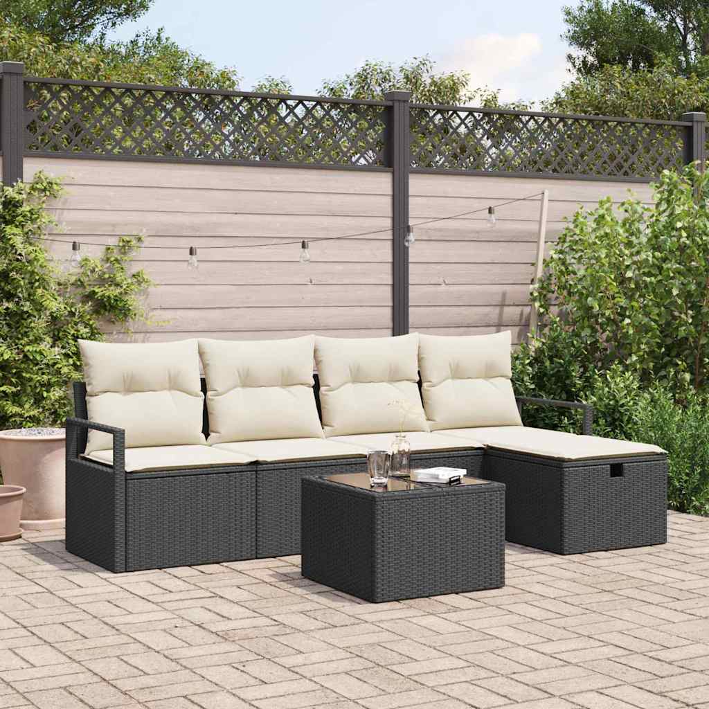 vidaXL Bankstel met kussen met opslag 5 pcs Zwart en Crème poly rattan