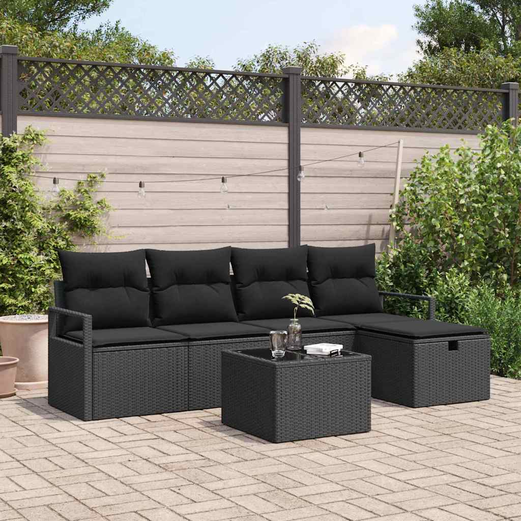 vidaXL Bankstel met kussen met opslag 5 pcs Zwart en Crème poly rattan