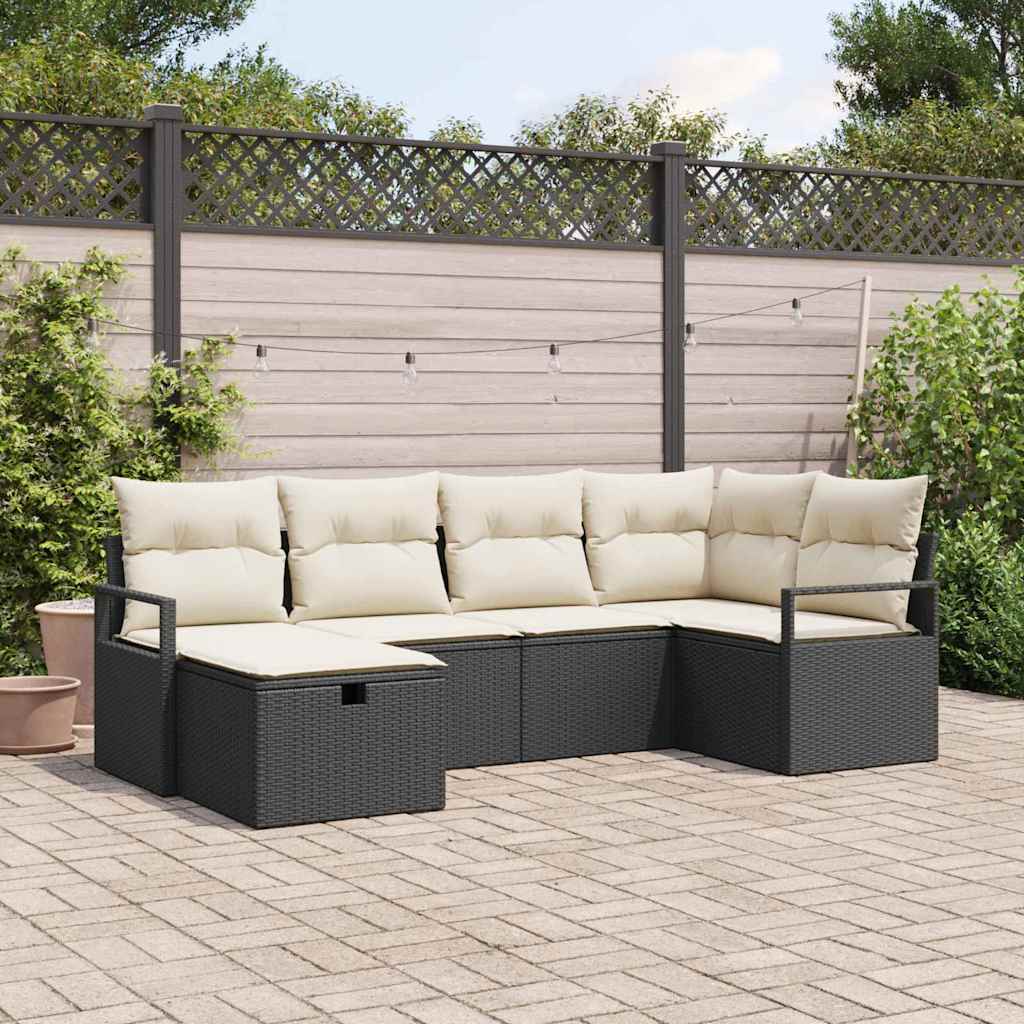 vidaXL Bankstel met kussen met opslag Zwart en Crème poly rattan
