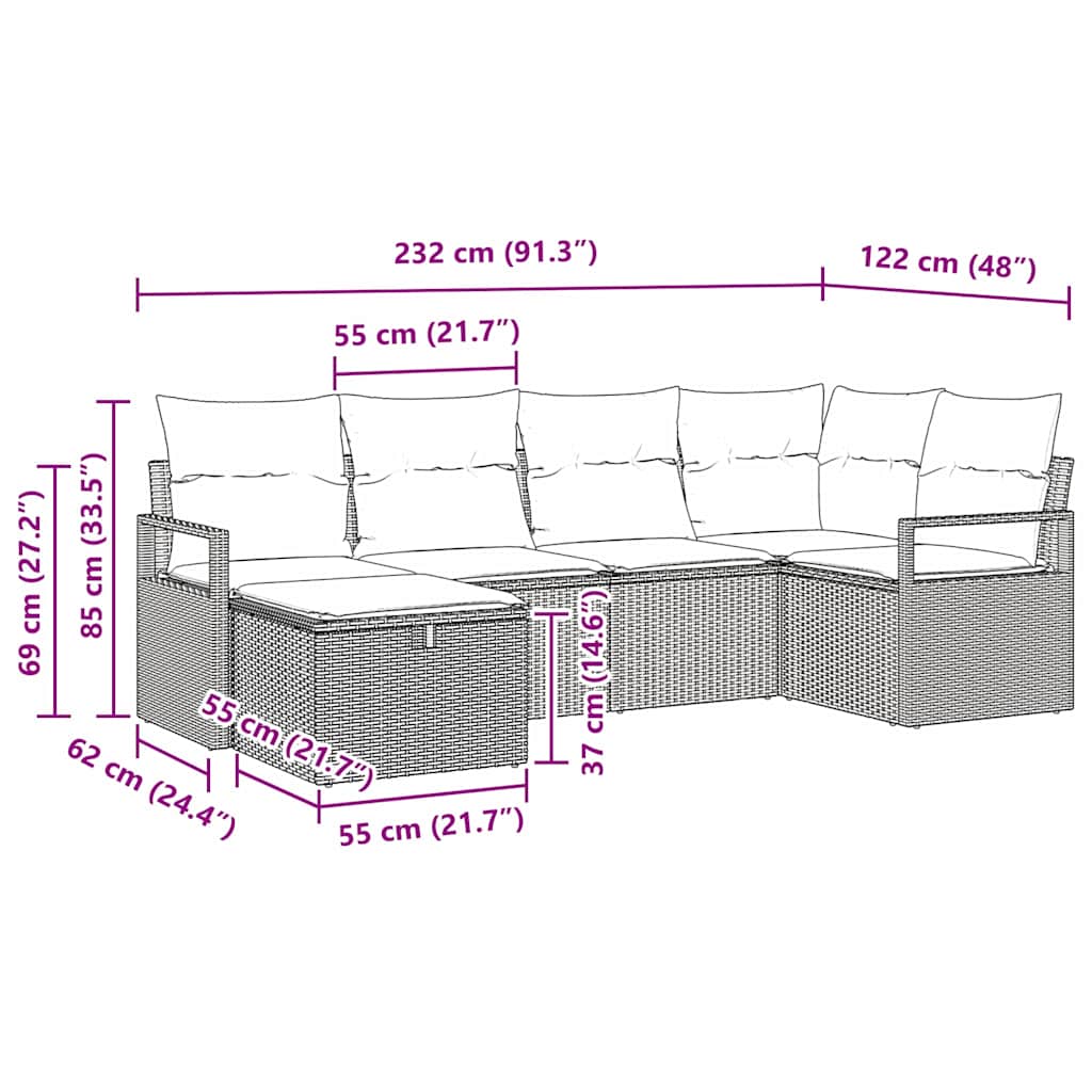 vidaXL Bankstel met kussen met opslag Zwart en Crème poly rattan