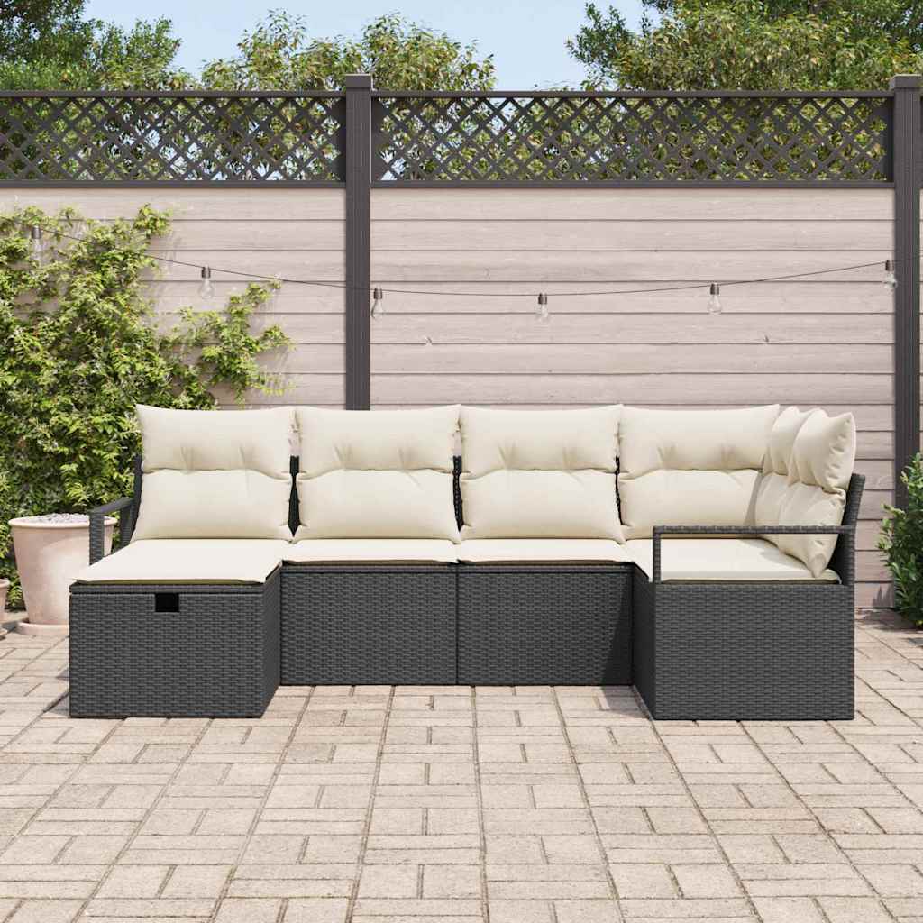 vidaXL Bankstel met kussen met opslag Zwart en Crème poly rattan