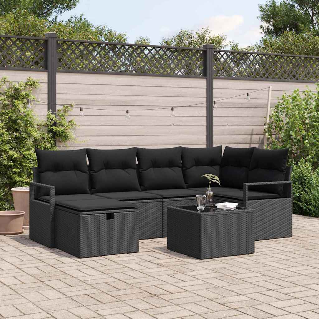 vidaXL Bankstel met kussen met opslag Zwart en Crème poly rattan