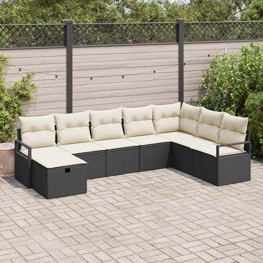 vidaXL Bankstel met kussen met opslag 8 pcs Zwart en Crème poly rattan